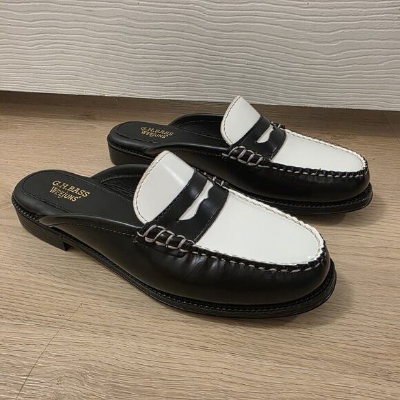 Weejuns Black White Leather Wynn Mule Slip On Preppy Classic Loafers Size 6.5 - Picture 2 of 10